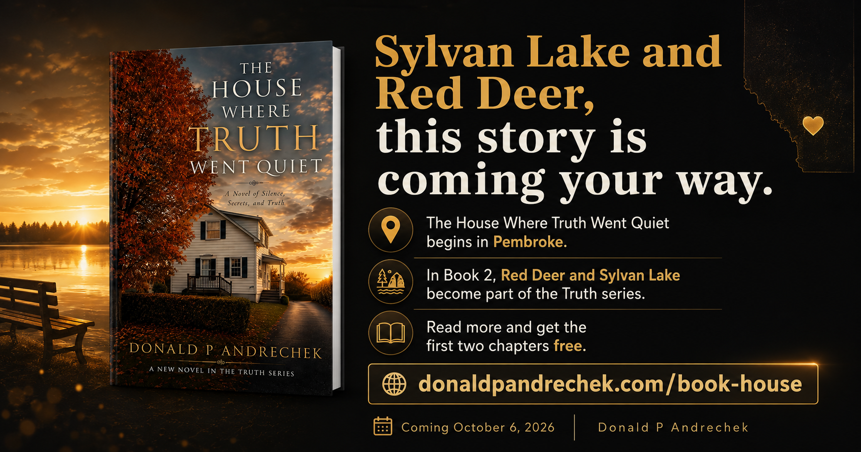 The House Where Truth Went Quiet local launch graphic for Sylvan Lake and Red Deer